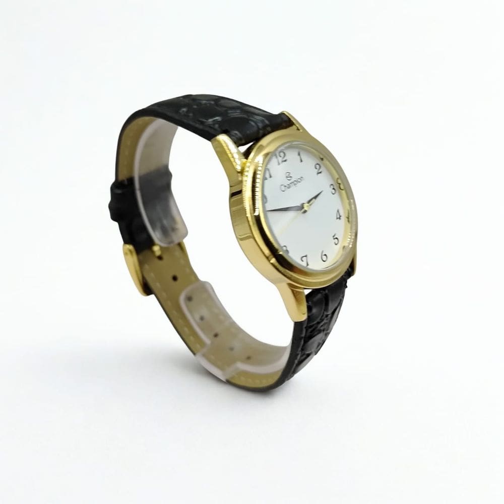 Relógio feminino dourado 32mm pulseira de couro preto CN28008B Champion
