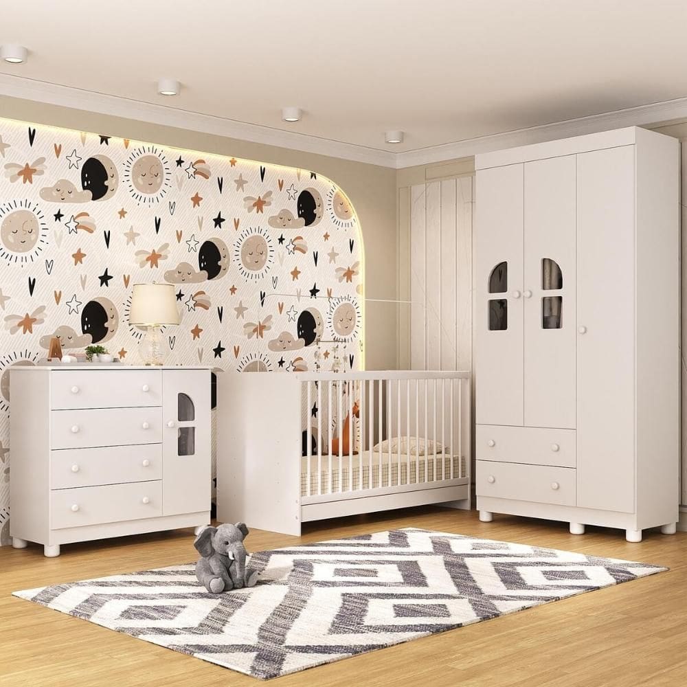 Quarto de Bebê Completo com Berço 3 em 1 para Colchão 130x60cm Nina Multimóveis MP4558