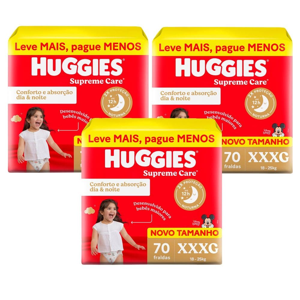 Kit 3 Fralda Huggies Supreme Care Tamanho XXXG 70 Unidades Descartáveis