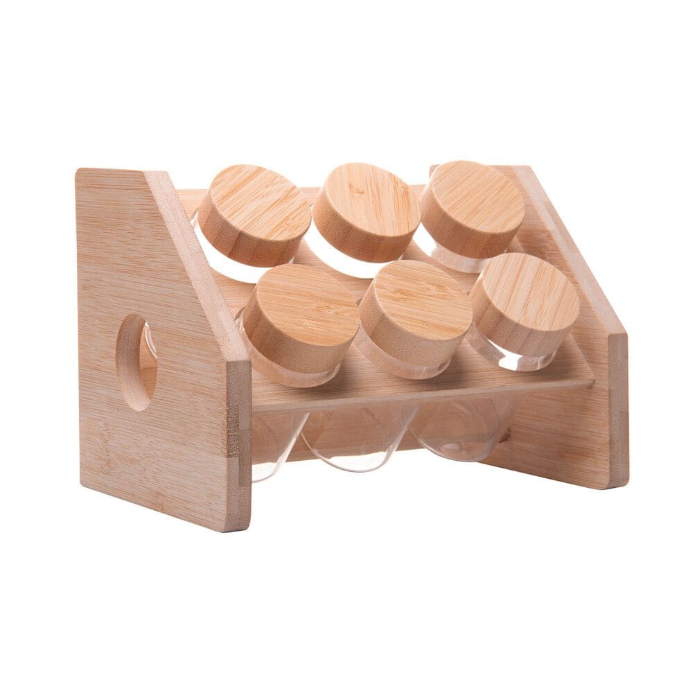 Cj 6 Potes de Vidro 120ml P/Temperos e Condimentos C/Tampa e Rack de Bambu Wolff