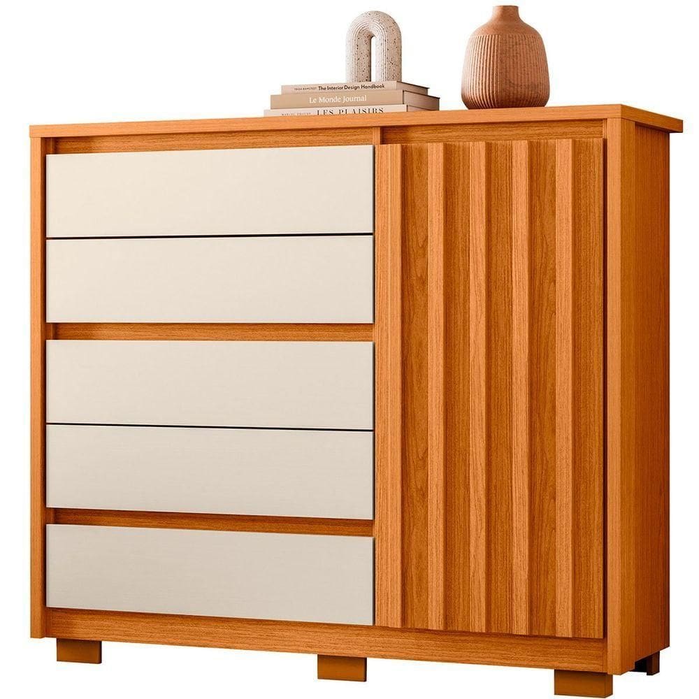 Cômoda Ripada Sapateira 5 Gavetas 1 Porta Duello Cinamomo Off White