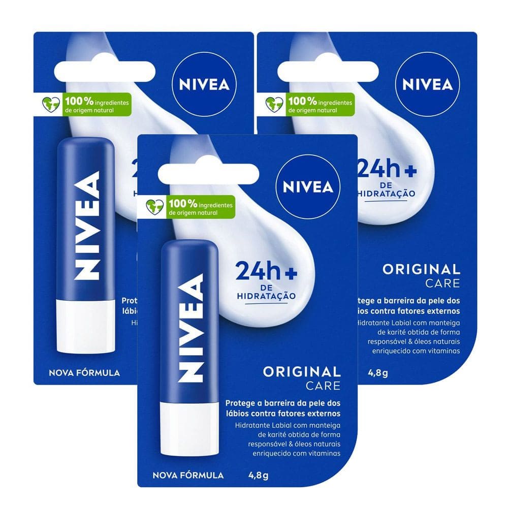 Kit 3 Hidratante Labial Nivea Care 4,8g