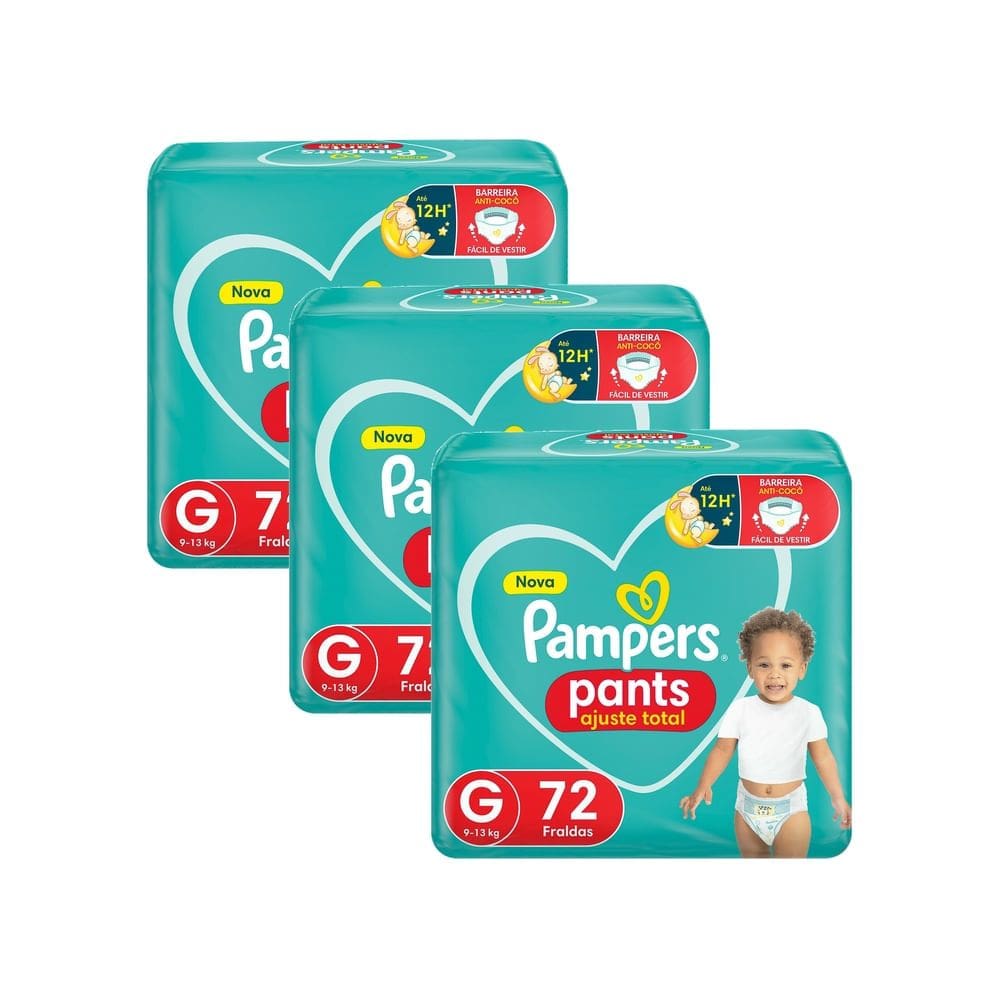 Kit 3 Fralda Pampers Pants Ajuste Total Tamanho G com 72 Unidades