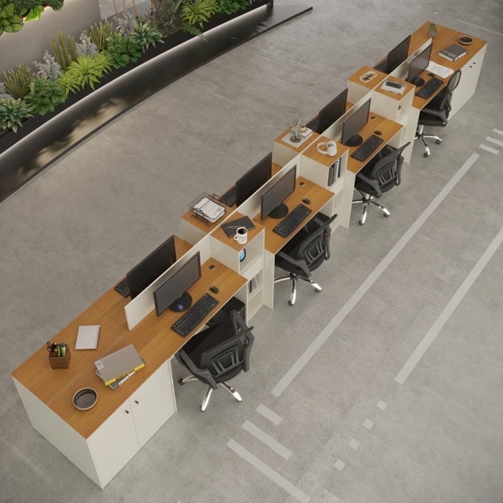 Estação De Trabalho 8 Lugares Tech Office 8 Mesas 6 Armários - Off White E Cedro Off White E Cedro