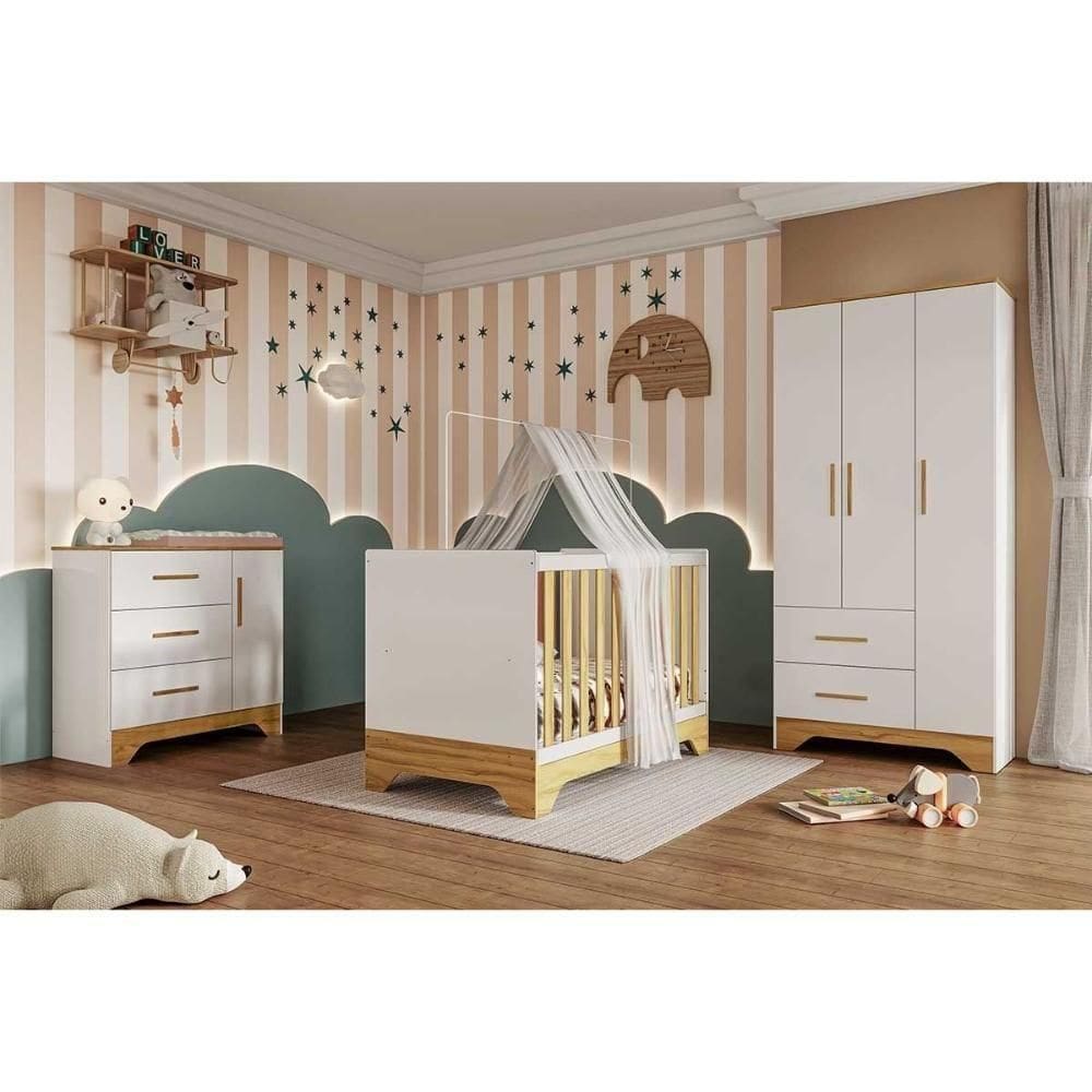 Quarto Infantil Completo Popy 3 Peças (1guardaroupa+1berço+1cômoda) Qi109 Branco-amendoa - Peroba