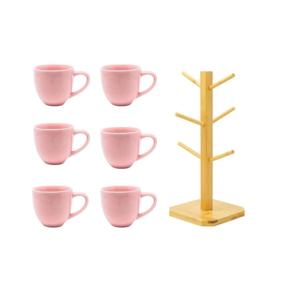 Kit 6 Xicaras Ceramica De Cha Rosa 170Ml Com Suporte