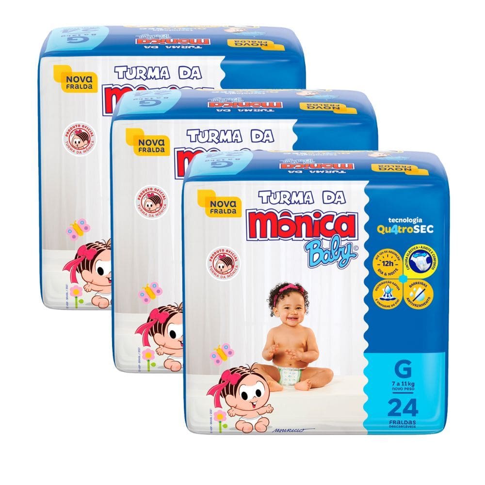 Kit 3 Fralda Turma da Mônica Baby Tamanho G Pacote Jumbo 24 Unidades Descartáveis