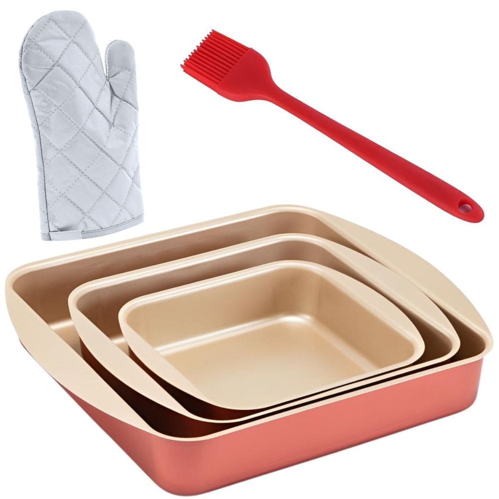 Jogo Forma Quadrada 03 Peças Antiaderentes + Luva + Pincel