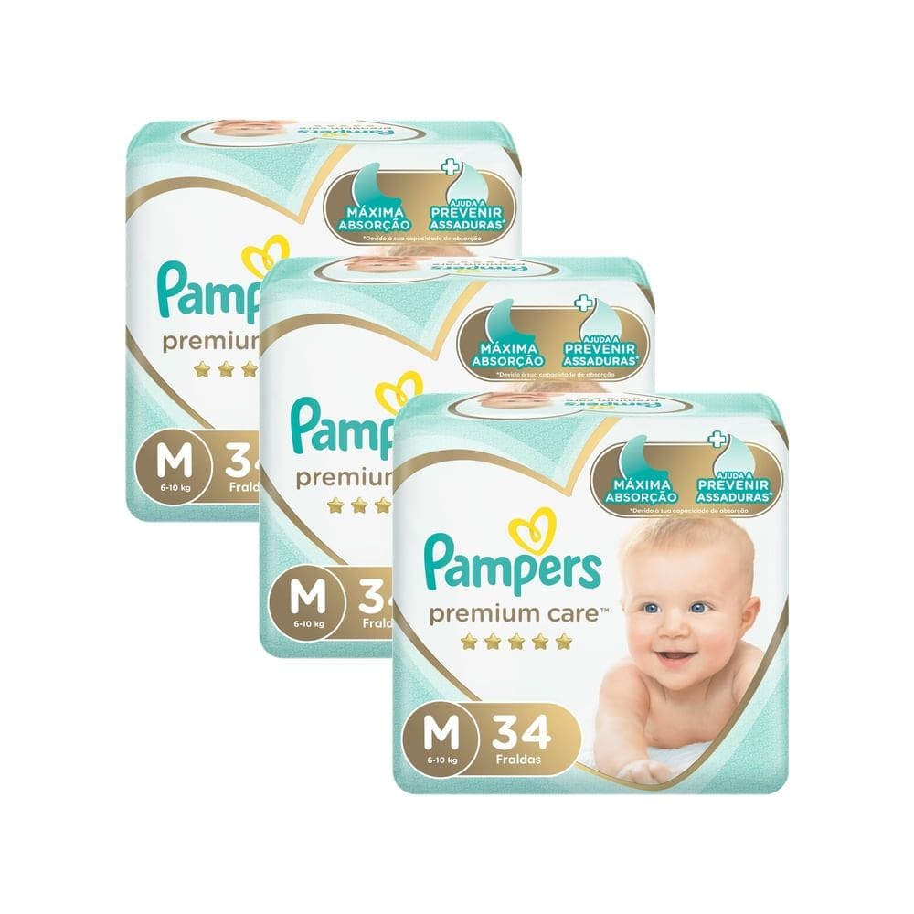 Kit 3 Fralda Pampers Premium Care Tamanho M Pacote Mega 34 Fraldas Descartáveis
