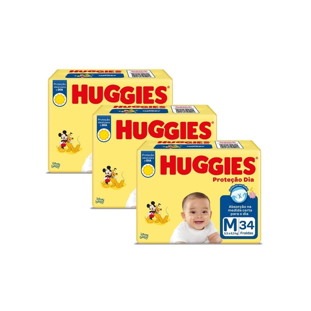 Kit 3 Fralda Huggies Proteção Dia Tamanho M 34 Unidades Descartáveis