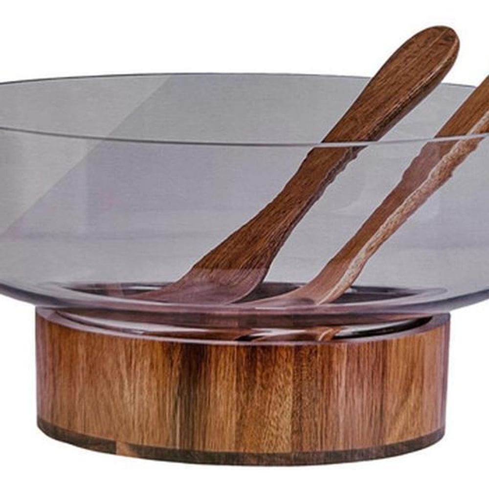 Conjunto Para Salada 4 Peças Saladeira 30Cm Vidro E Madeira