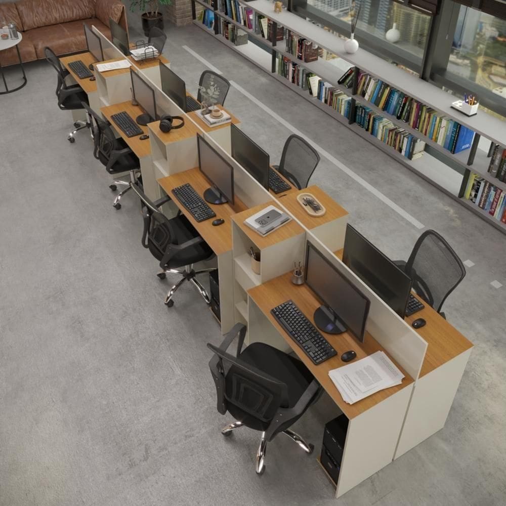 Estação De Trabalho 8 Lugares Tech Office 8 Mesas 6 Armários - Off White E Cedro Off White E Cedro