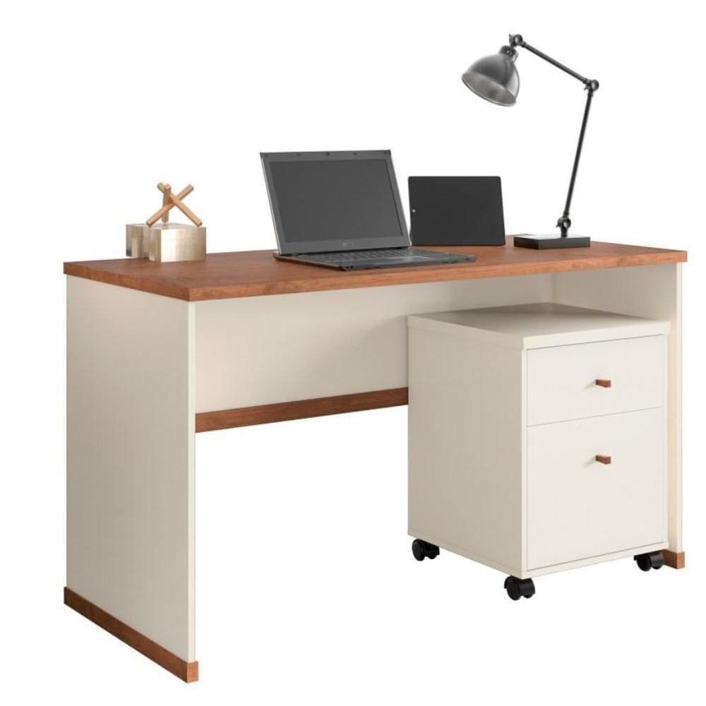 Conjunto Escritório 2 Peças - Mesa E Gaveteiro Verbena Viano - Off White/ Off White/