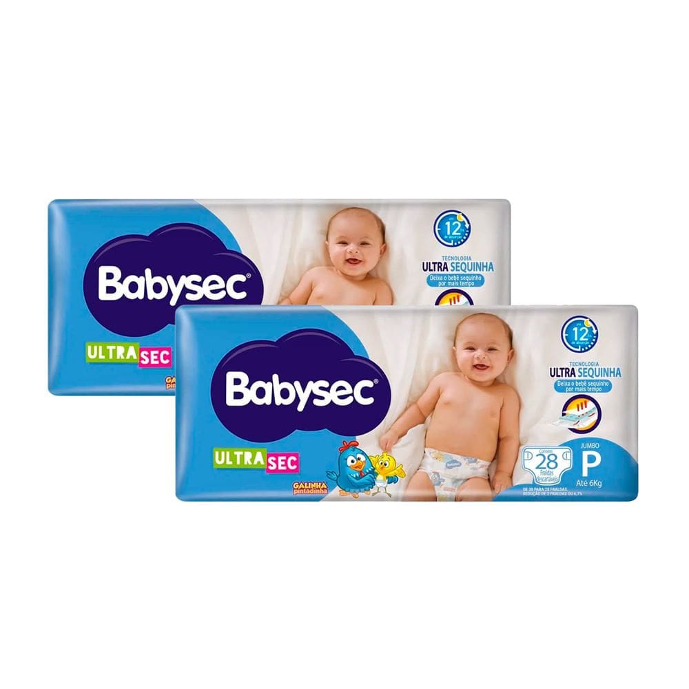 Kit 2 Fralda Babysec Ultrasec Tamanho P Pacote Jumbo 28 Unidades Descartáveis