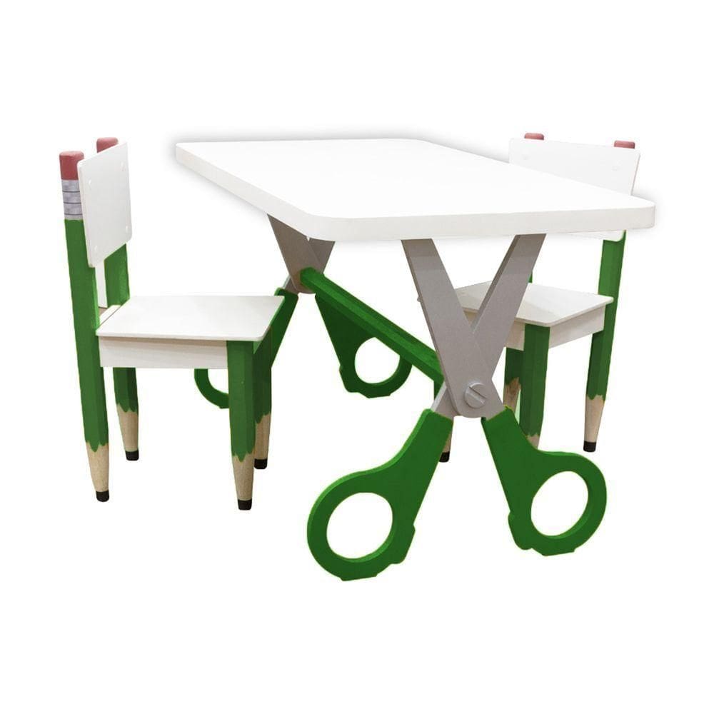 Kit 2 Cadeiras Mesa Infantil Tesoura Verde Tampo Branco Retangular Base Temática Para Estudos E Desenhos Mobília Decor