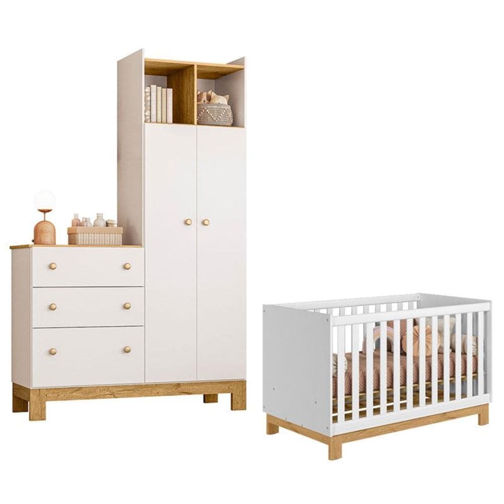 Berço Americano Mini Cama e Guarda Roupa com Cômoda Q Encanto Slim Branco Acetinado - Qmovi