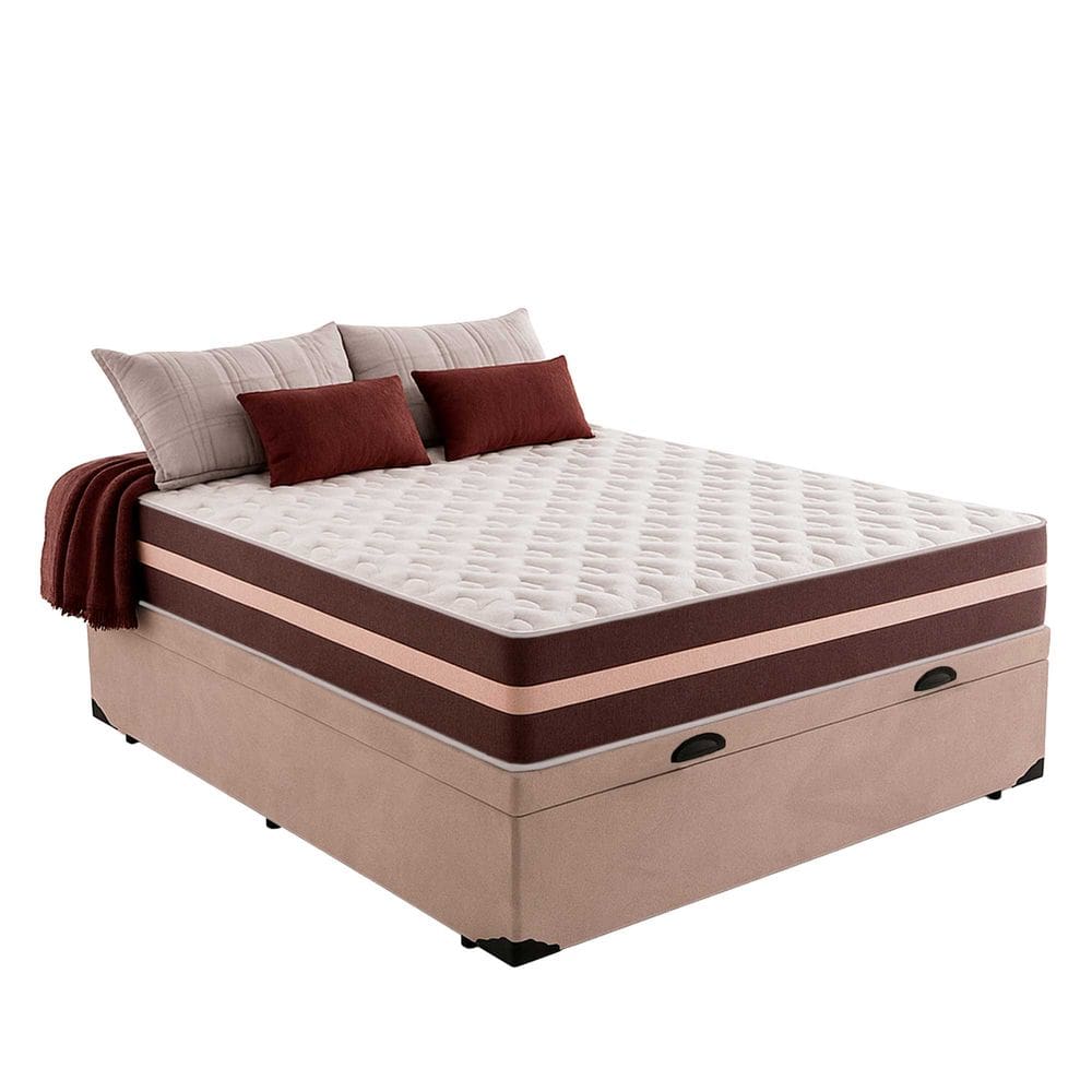 Cama Box Baú Casal 138 Suede Bege com Colchão Little Angel Mola Superlastic 63x138x188cm