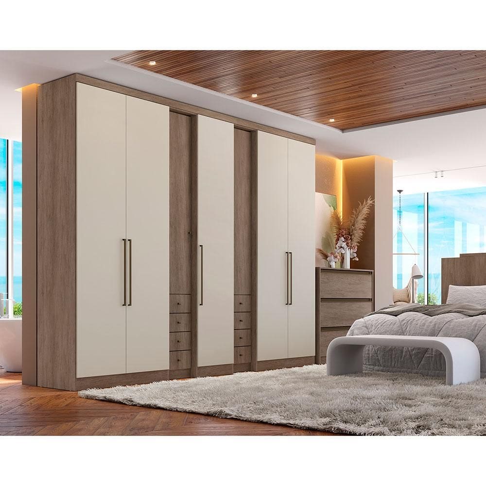 Guarda-Roupa Casal THB Absolut Clear, 7 Portas de Bater, Rustic e Off White, 288 cm