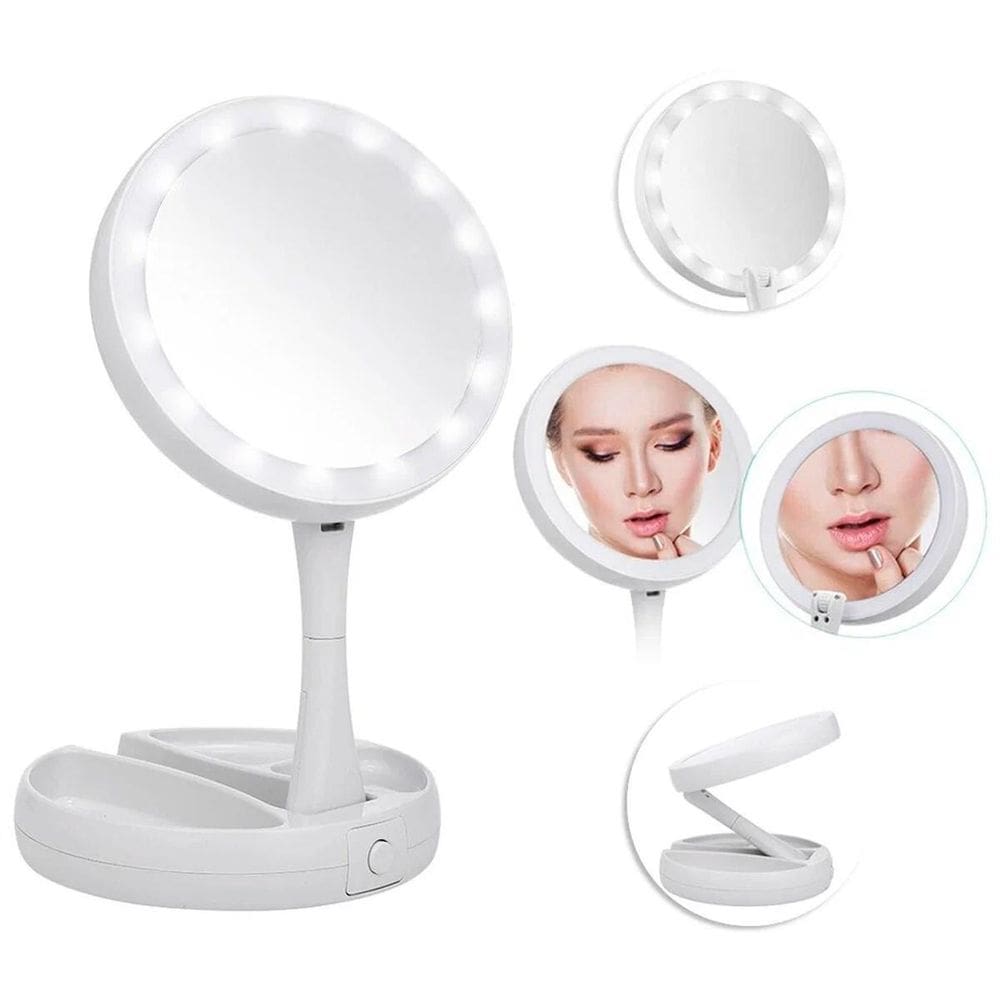 Espelho Led Dupla Face Dobrável Ajustável Iluminado Zoom 10X