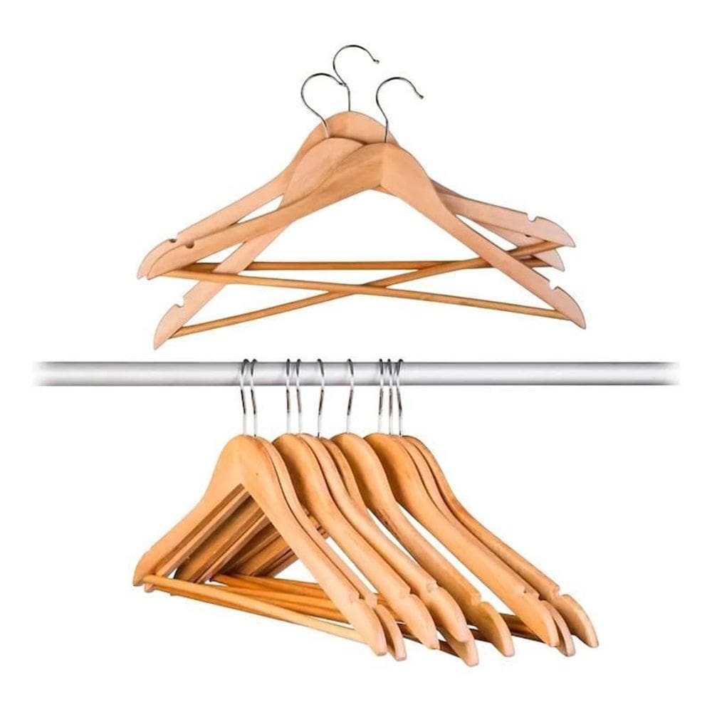 Kit Com 09 Cabides De Madeira Envernizado Gancho De Metal