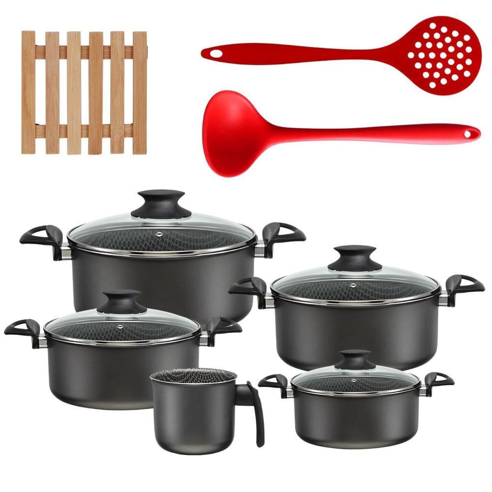 Jogo De Panelas 05 Pçs + 05 Descansos + Concha + Escumadeira