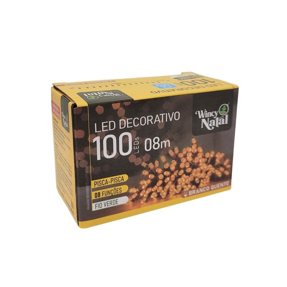 Pisca LED Branco Quente Sequencial 100 Lâmpadas 8 Funções Fio Verde 8 Metros 127V
