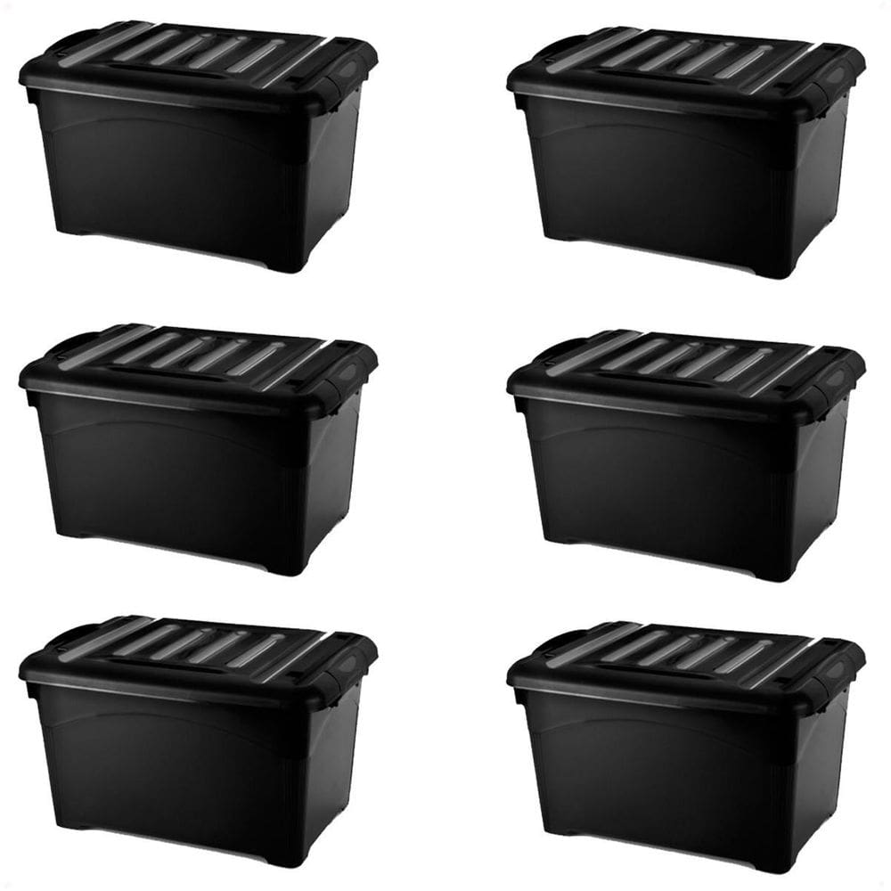 6 Caixas Organizadoras 25 Litros Preta Com Travas E Rodinhas