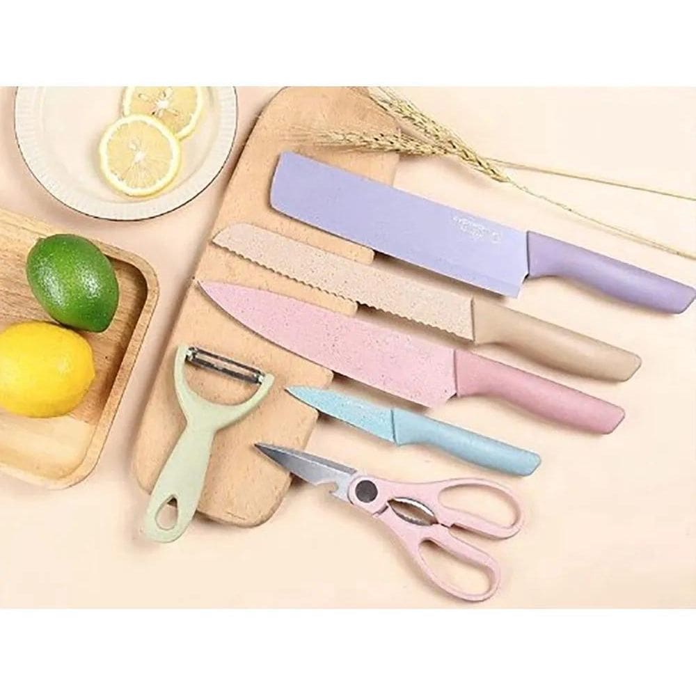 2X Kit De Facas Aço Inox + Tesoura E Descascador Coloridas