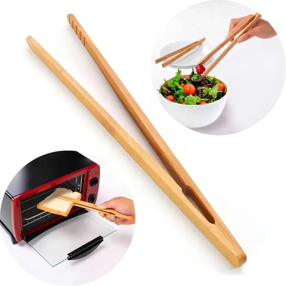 2X Pegador De Salada Fritura Bambu 36Cm Multiuso Cozinha