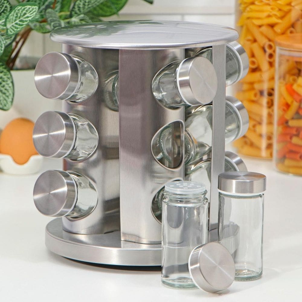 Porta Temperos Giratório Vidro Tampa Inox Organizador Para Cozinha