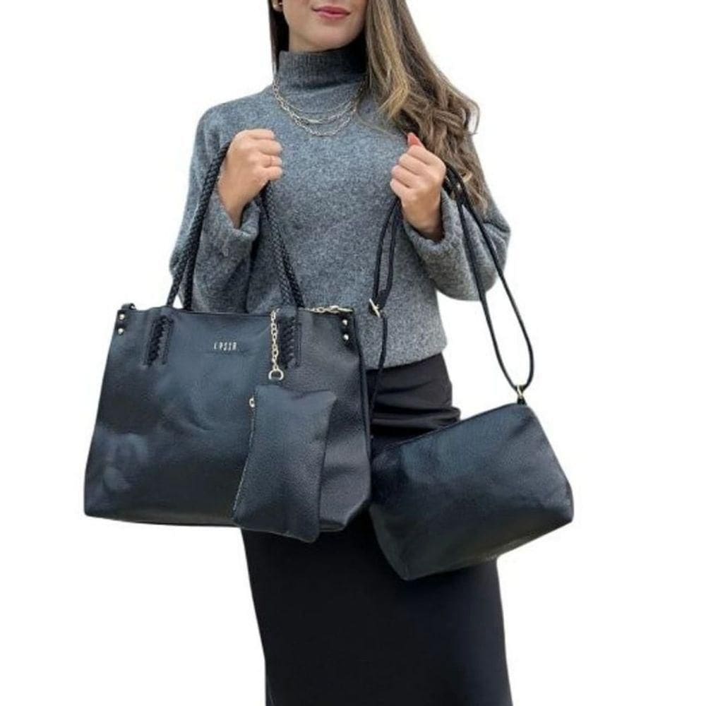 Kit 3 Peças Bolsa Feminina Estilo Tote Lyssa Preta