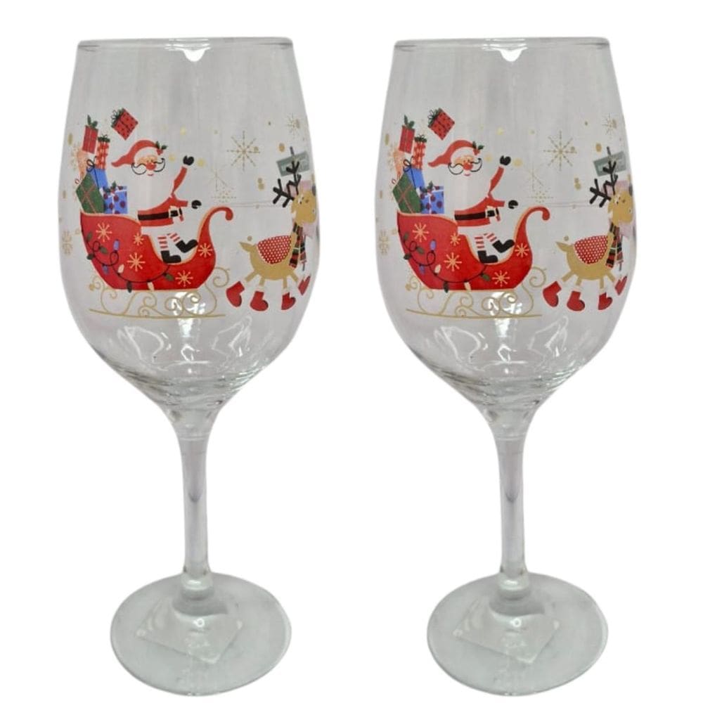Kit 2 Taças De Vidro Vinho 490 Ml De Natal Presente Trenó