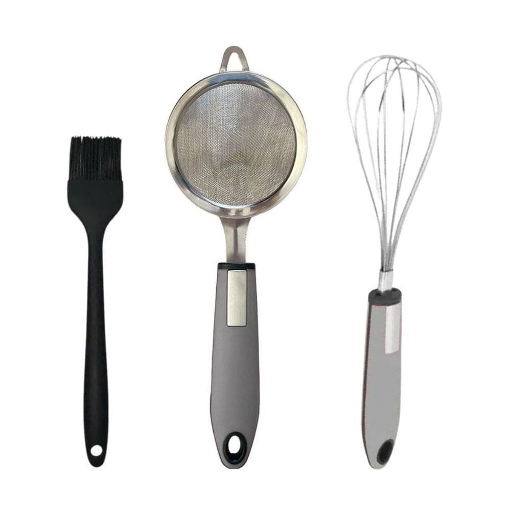 Kit Cozinha Pincel Silicone Peneira Em Inox E Batedor Cinza