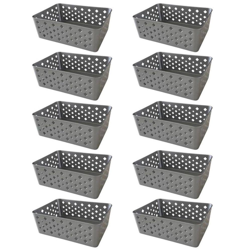 Kit 10 Cestos Organizadores Cinza Multiuso Médio Empilhável