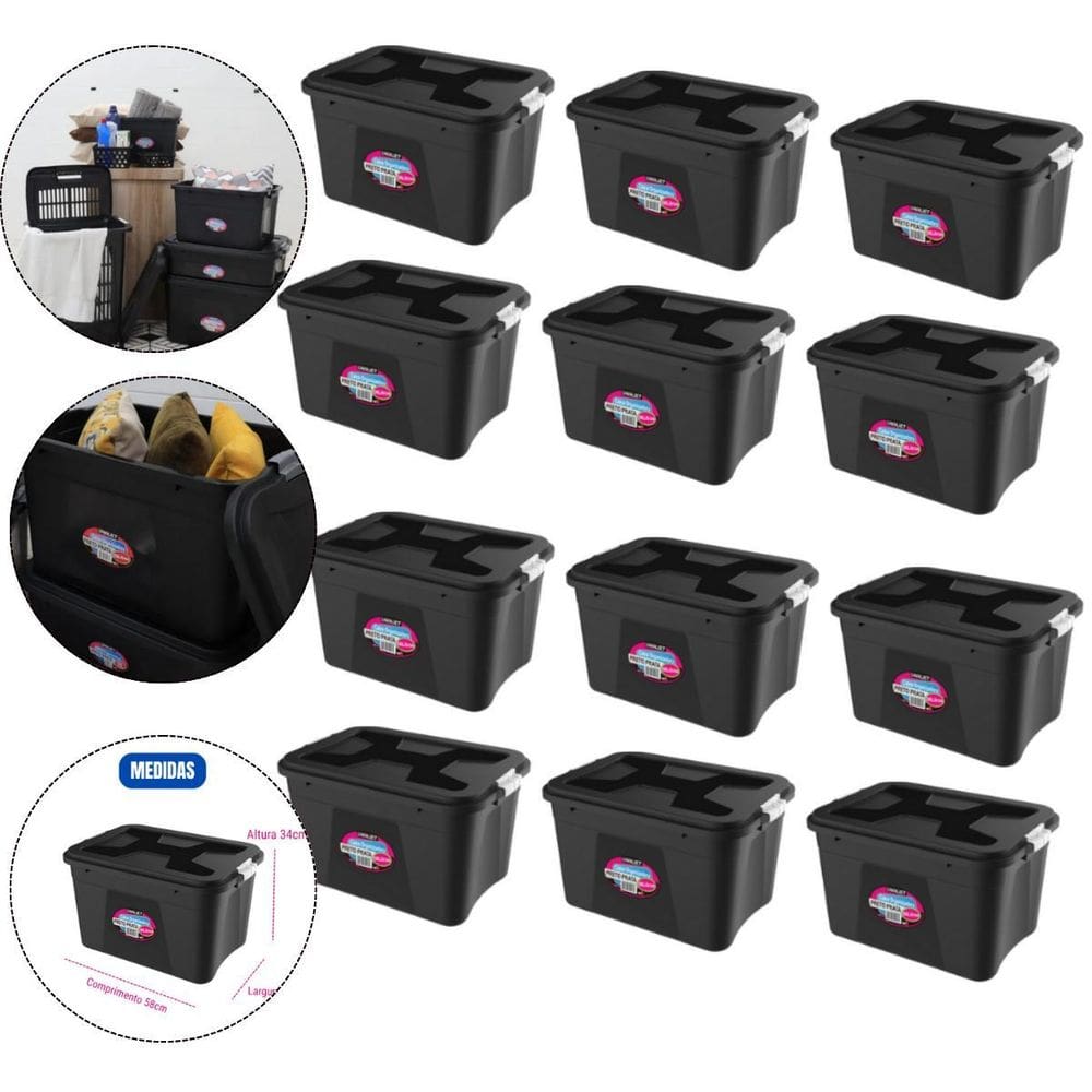 Kit 12 Caixas Organizadoras 56 Litros Com Trava Cor Preta