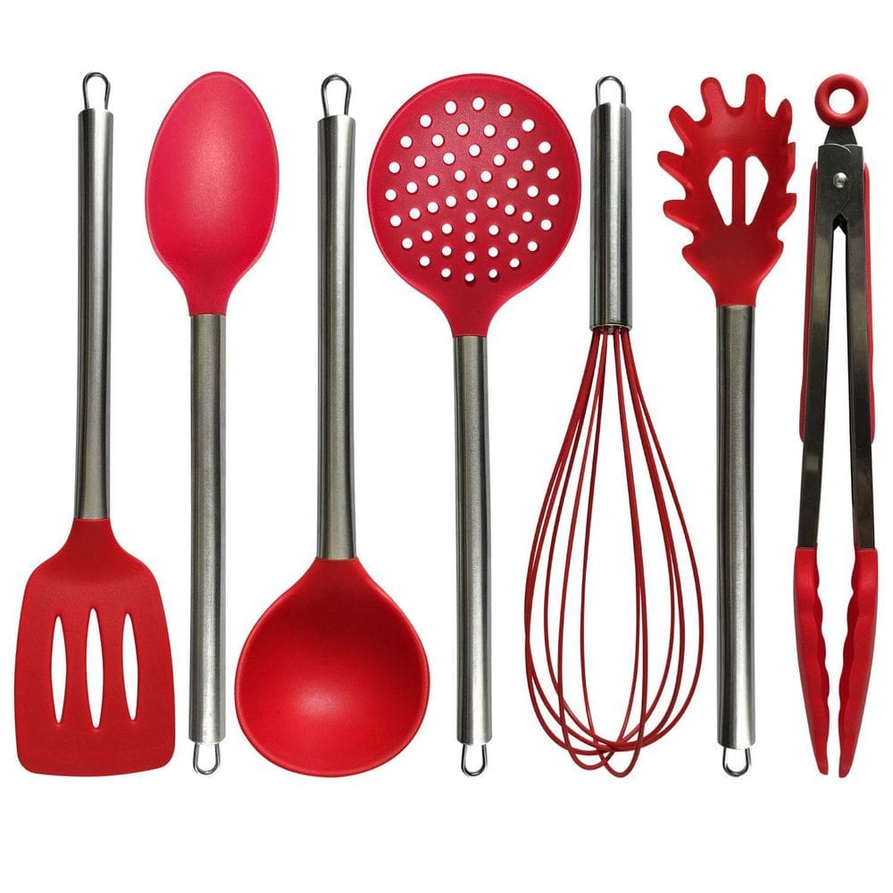 Jogo Utensílios Silicone Cabo Inox Conjunto Escumadeira