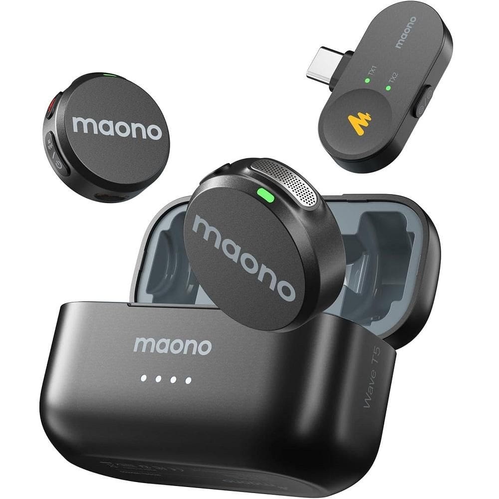 Kit Microfone Lapela sem Fio Maono Wave T5 Preto, Versão USB Tipo-C, WM650 Type-c