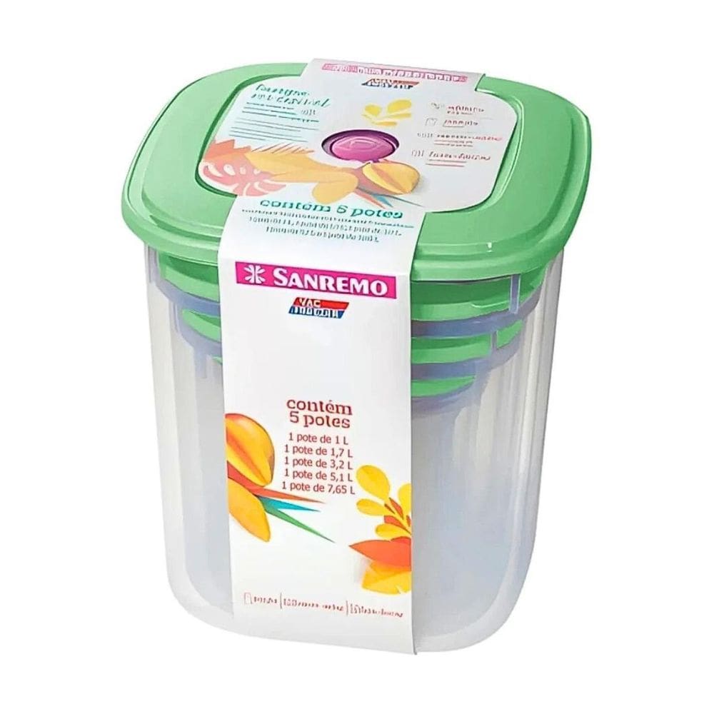 Conjunto 5 Potes Quadrados Verde Plástico Sanremo 490/2C