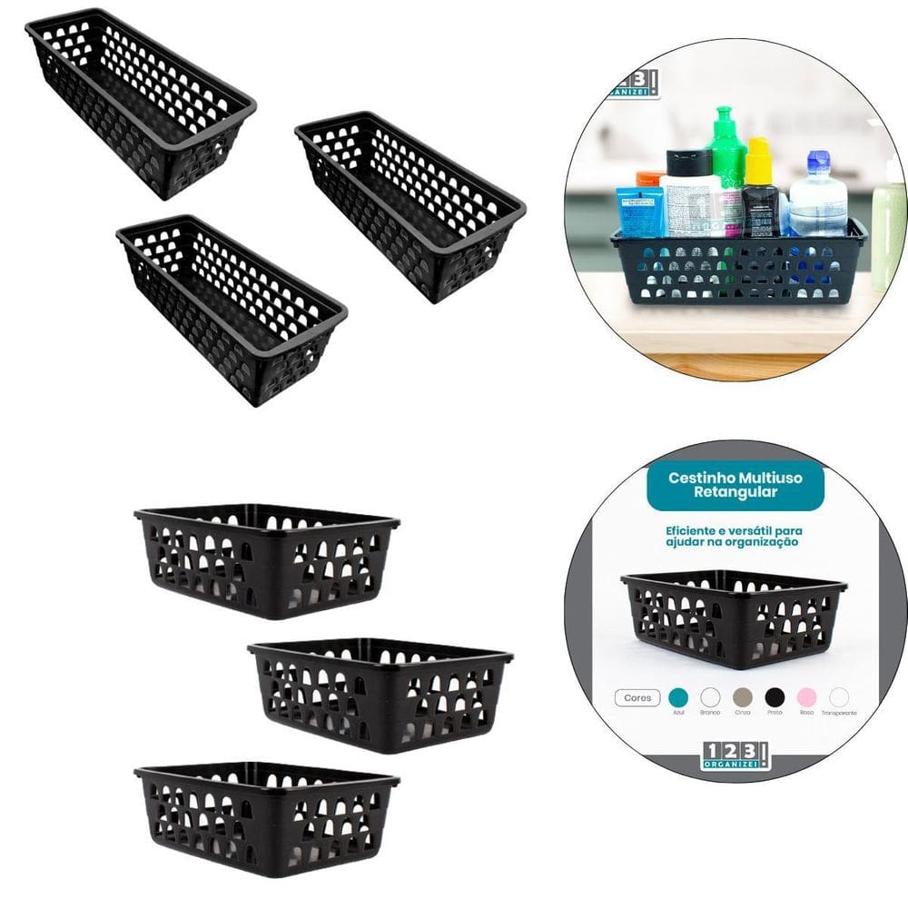 Kit 3 Cesto Multiuso Comprido Retangular E 3 Cesto Médio