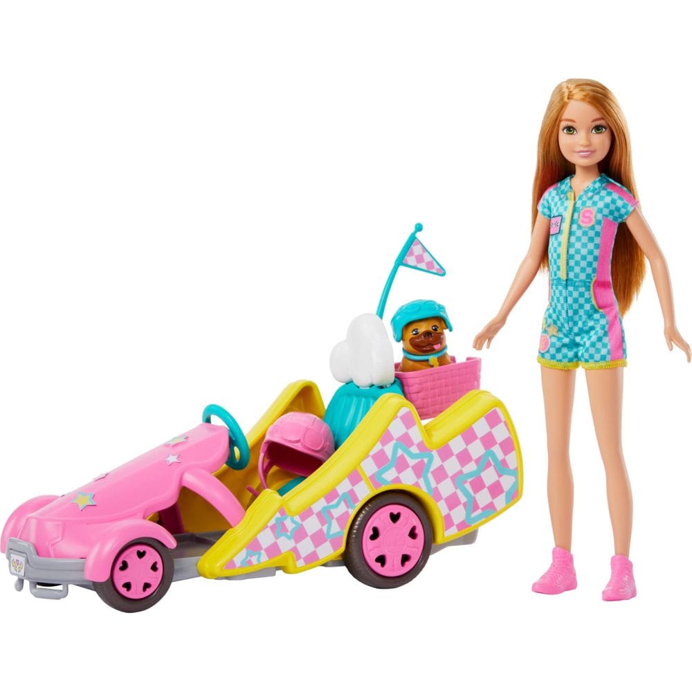 Conjunto de brinquedos Barbie Stacie Doll com carro de kart, cachorro e acessórios