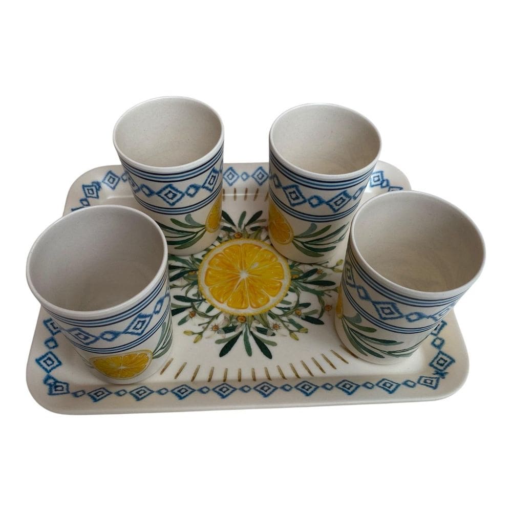 Bandeja 30X23 Cm E 4 Copos Mod Limao Siciliano Fibra Bambu