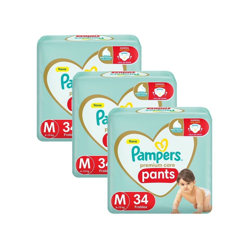 Kit 3 Fralda Infantil Pampers Premium Care Pants Tamanho M com 34 Unidades