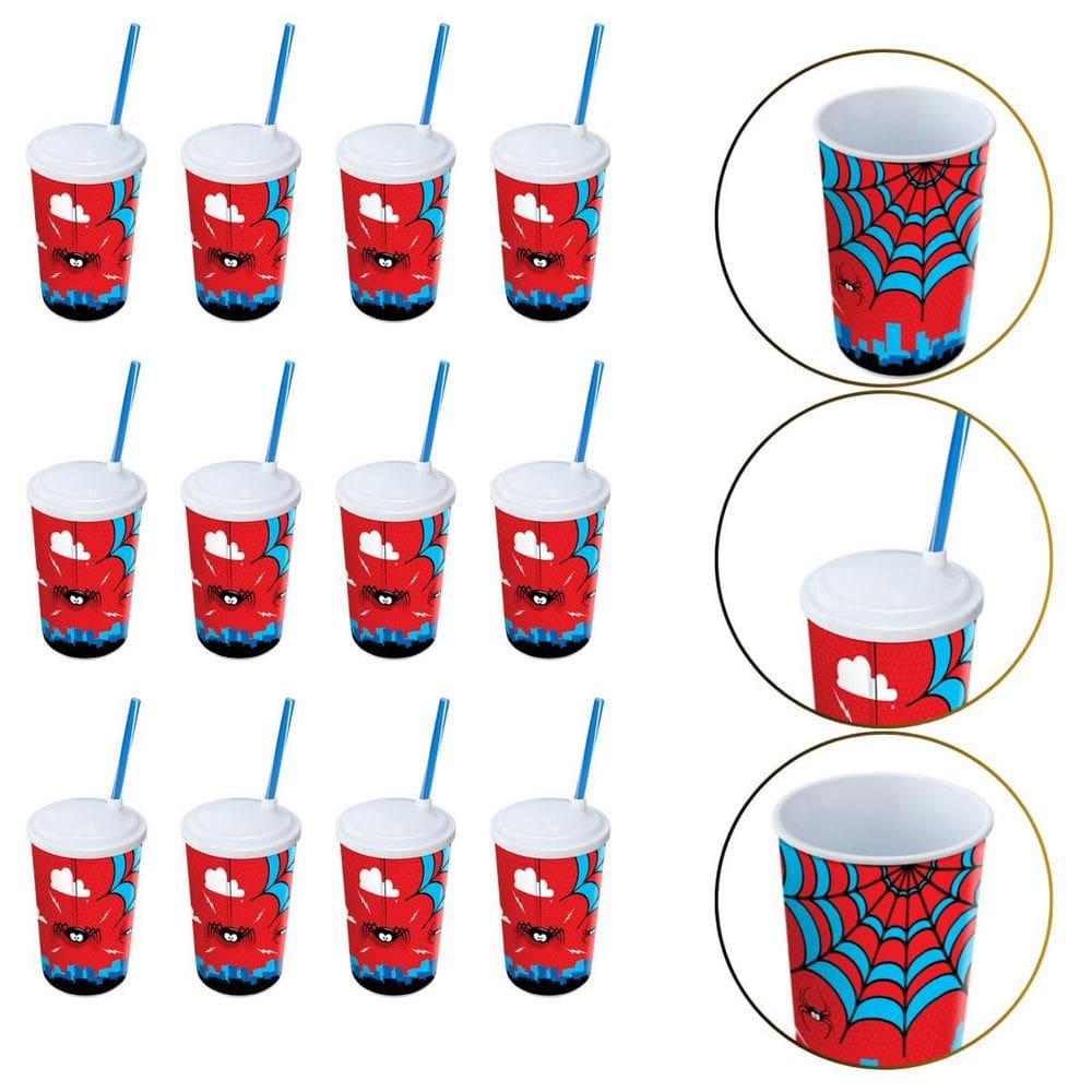 Kit 12 Copo De Plástico 550 Ml Herói Homem Aranha Com Canudo