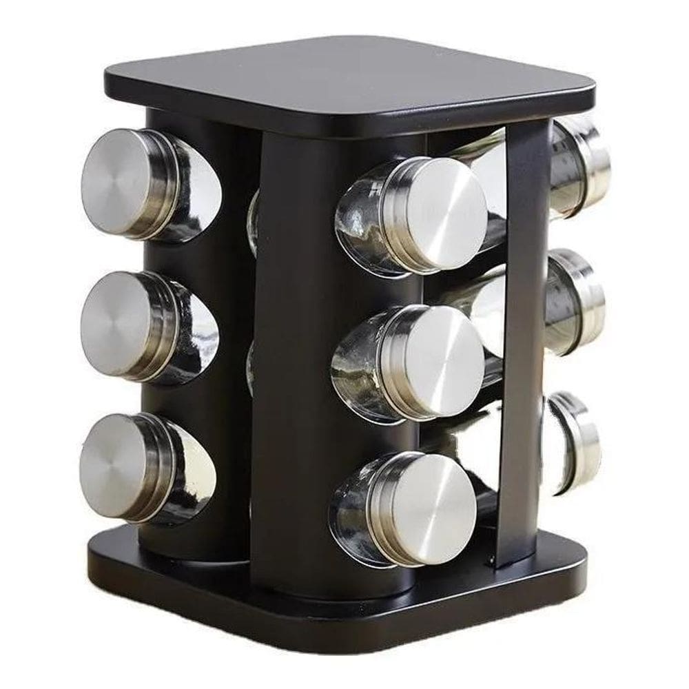 2X Porta Temperos E Condimentos Giratório Inox Preto 12 Pote