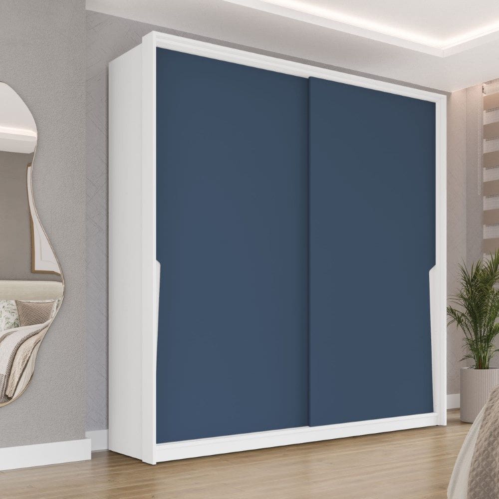 Guarda Roupa Roupeiro 2 Portas de Correr 2 Gavetas Porto Branco Azul Politorno Móveis