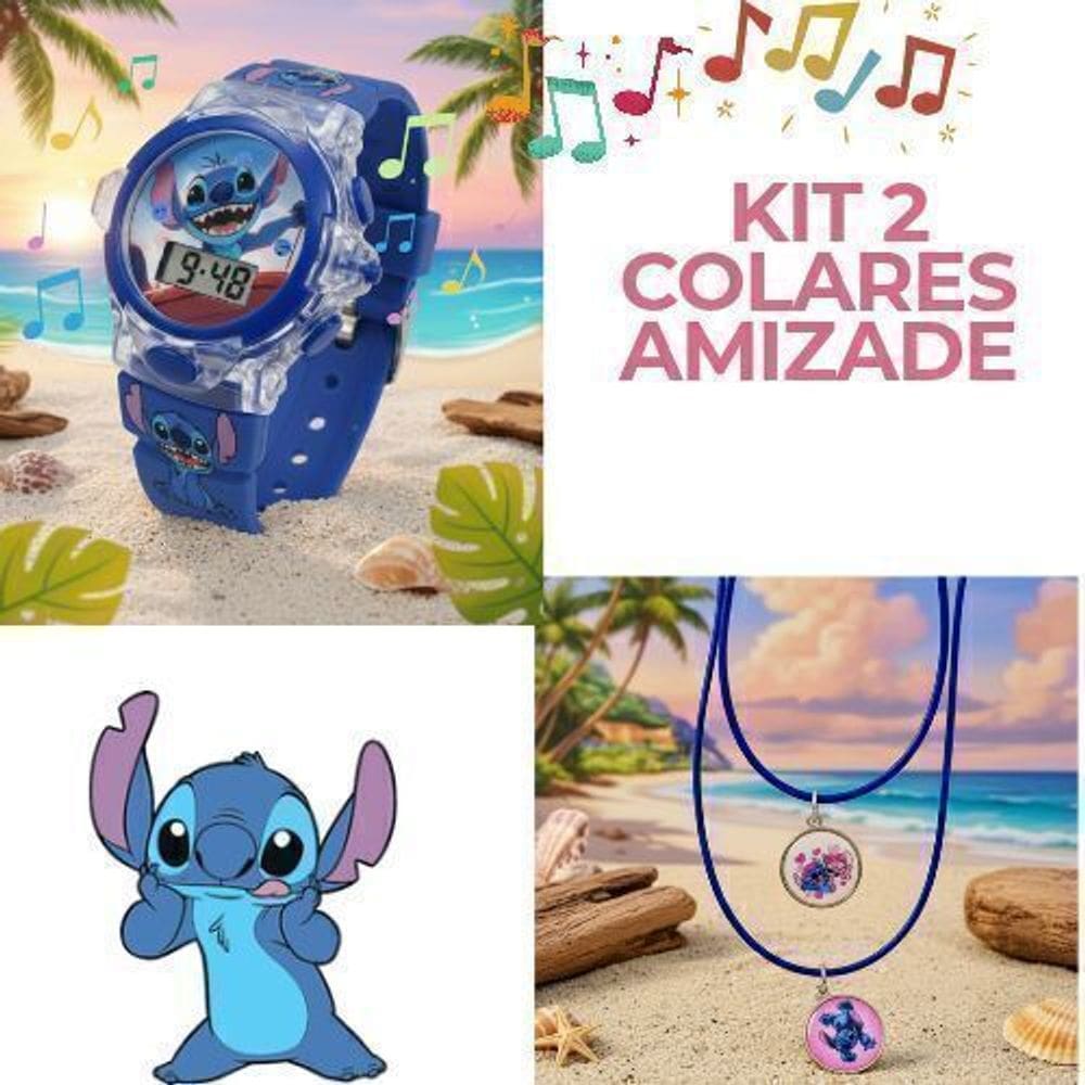 Kit Relógio Infantil Digital Pisca Luz colorida toca musica Disney Stitch Angel Lilo rosa azul + Colares duplo Amizade