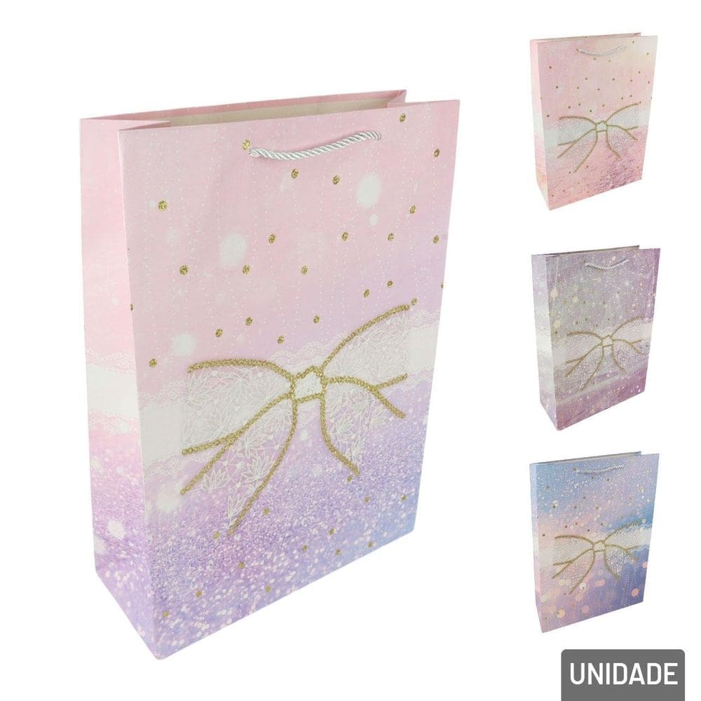 Sacola de Papel 32x26cm Laço com Glitter Color - Tudo em Caixa