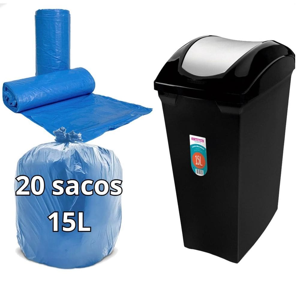 Lixeira 15L Tampa Basculante Preta + 20Un Saco De Lixo Azul