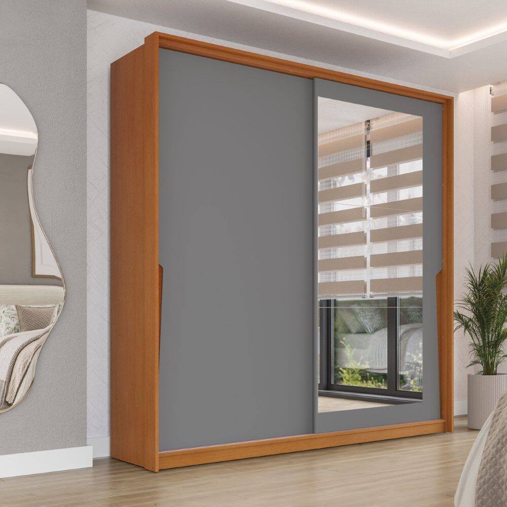 Guarda Roupa Roupeiro 2 Portas de Correr 2 Gavetas com Espelho Porto Freijó Cinza Politorno Móveis