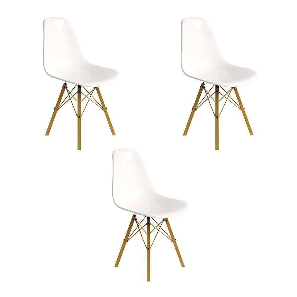 Conjunto 3 Cadeiras Eames Design Moderno Tubo De Ferro Dourado Assento Branco